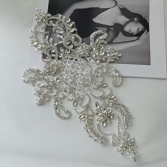 Silver Rhinestone Applique Patch | Handmade Crystal Beaded Embellishment | Bridal Dance Dress DIY Costume Accessory