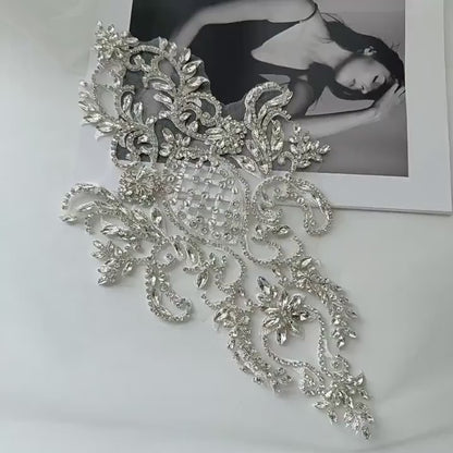 Silver Rhinestone Applique Patch | Handmade Crystal Beaded Embellishment | Bridal Dance Dress DIY Costume Accessory