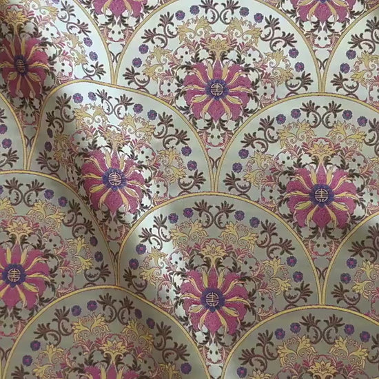 Song Brocade Fabric Double Sided | Fan Floral Jacquard | Multicolor | 65" Wide | Chinese Vintage Hanfu Home Decor