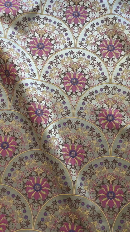 Song Brocade Fabric Double Sided | Fan Floral Jacquard | Multicolor | 65" Wide | Chinese Vintage Hanfu Home Decor