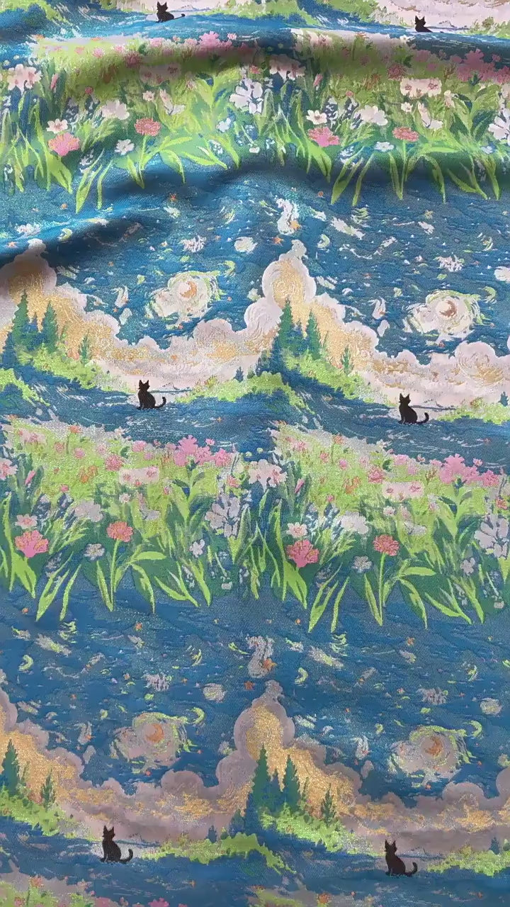 Monet Garden Inspired Song Brocade Jacquard Fabric, Vintage Floral Landscape Woven Textile for Apparel & Home Decor, 59" Wide