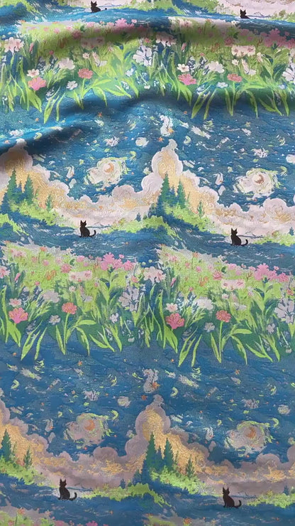 Monet Garden Inspired Song Brocade Jacquard Fabric, Vintage Floral Landscape Woven Textile for Apparel & Home Decor, 59" Wide