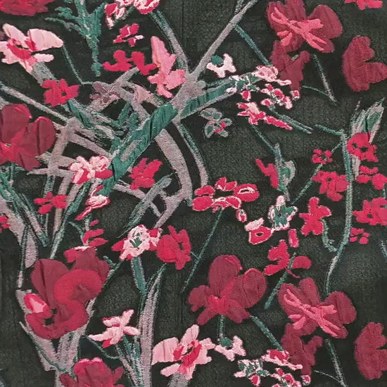 Floral Jacquard Fabric, Retro Black Red Embossed Material, 56" Wide