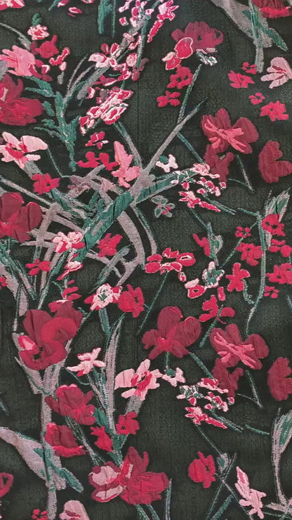 Floral Jacquard Fabric, Retro Black Red Embossed Material, 56" Wide