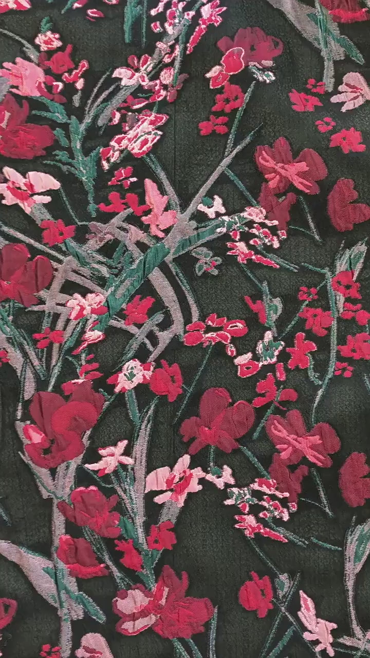Floral Jacquard Fabric, Retro Black Red Embossed Material, 56" Wide