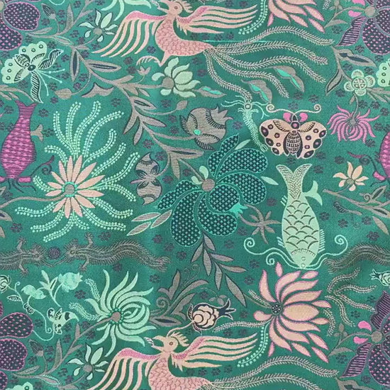Vintage-Inspired Fish Butterfly Lotus Jacquard Fabric, Teal Botanical Woven Textile for Qipao, Jacket, Dress & Decor, 60"Wide