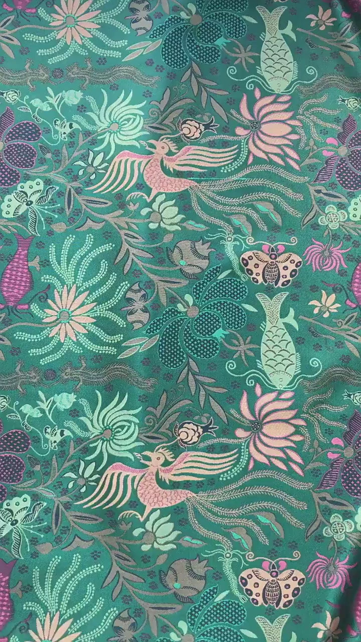 Vintage-Inspired Fish Butterfly Lotus Jacquard Fabric, Teal Botanical Woven Textile for Qipao, Jacket, Dress & Decor, 60"Wide