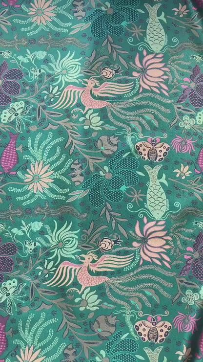 Vintage-Inspired Fish Butterfly Lotus Jacquard Fabric, Teal Botanical Woven Textile for Qipao, Jacket, Dress & Decor, 60"Wide
