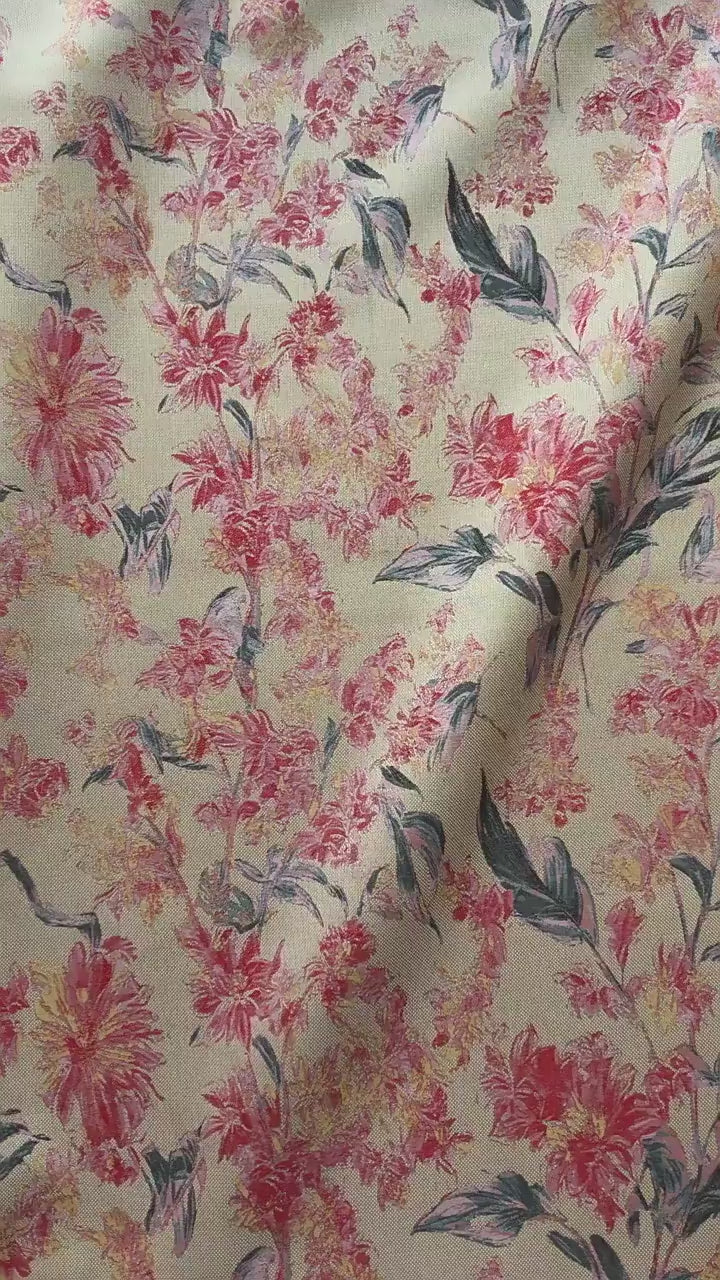 Pink Floral Fabric by Yard, Vintage Garden Woven Textile, Cottagecore Dress Fabric for Sewing Crafts Decor- 57"W