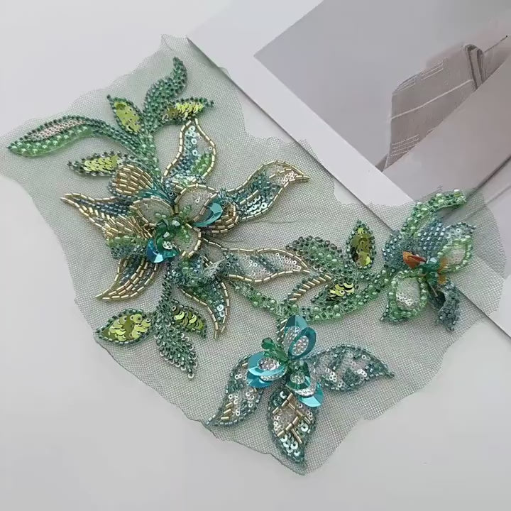 Hand Beaded Floral Applique, 3D Sequin Embroidery Patch, Crystal Rhinestone Trim for Wedding Dress, Couture Fashion DIY
