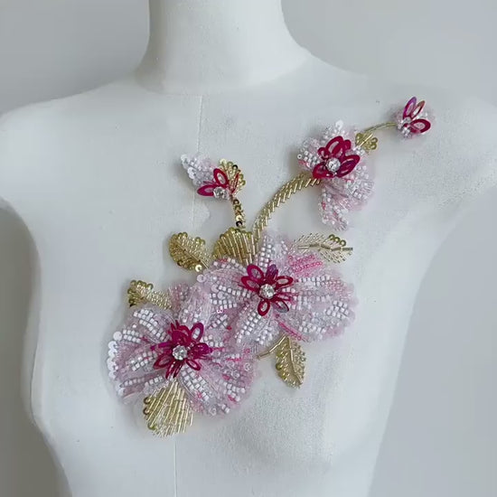 Pink White Beaded Floral Applique, Gold-Tone Leaf Sequin Embellishment for Evening Gown, Hanfu, Stage Costume & Bridal Dress