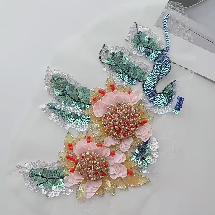 Sunflower Butterfly Sequin Applique, Hand Beaded 3D Floral Mesh Trim for Dress, Stagewear and Sewing DIY