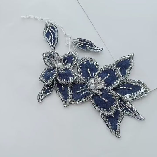 Ornate Beaded Floral Applique on Mesh, Sequin Seed Bead Flower Patch for Evening Gown, Stage Costume, Bridal Dress & Hanfu